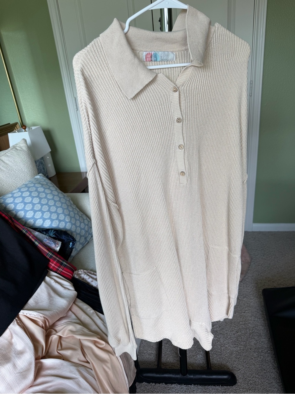 Free people beach Beige Ribbed Collared Button-Up Tunic Sweater romper